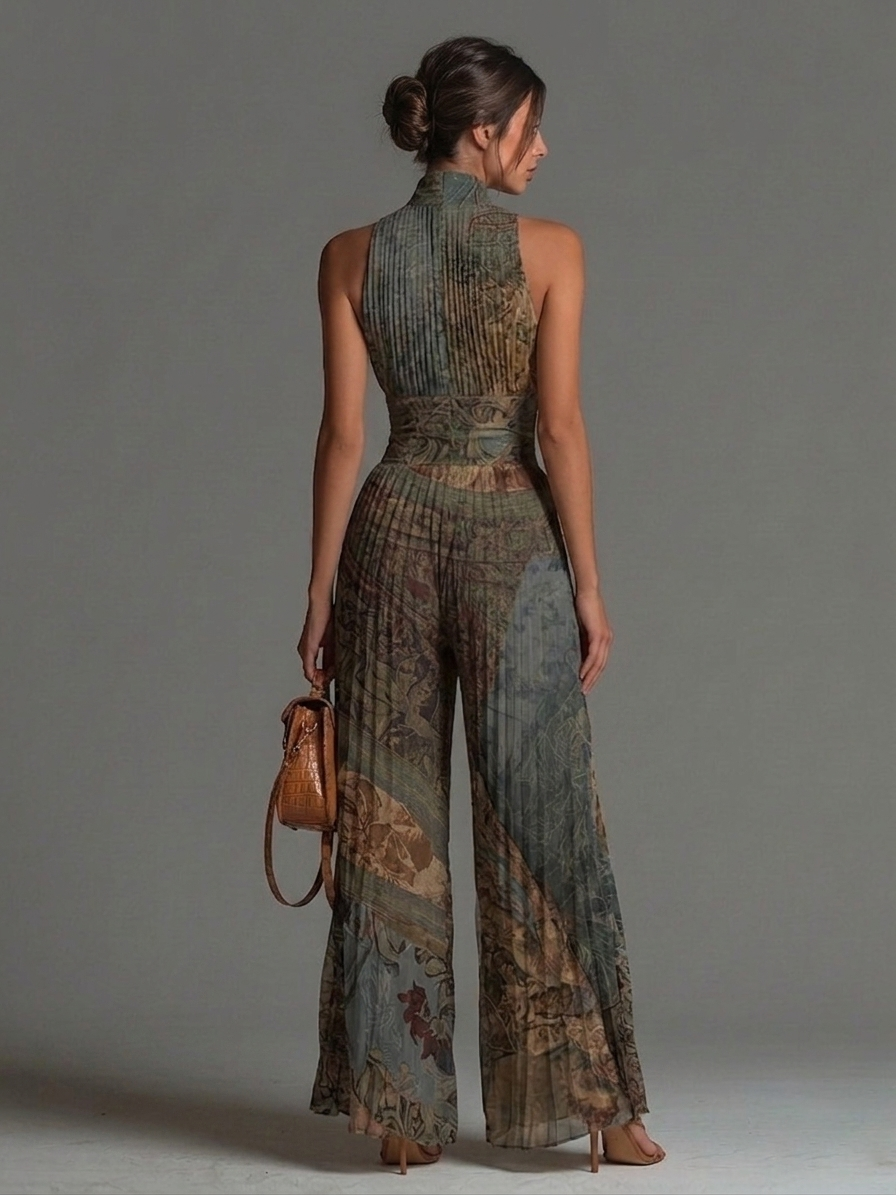 Bohemian Ethnic Print Sleeveless Chiffon Jumpsuit with Zip and Pleated Wide Leg Trousers