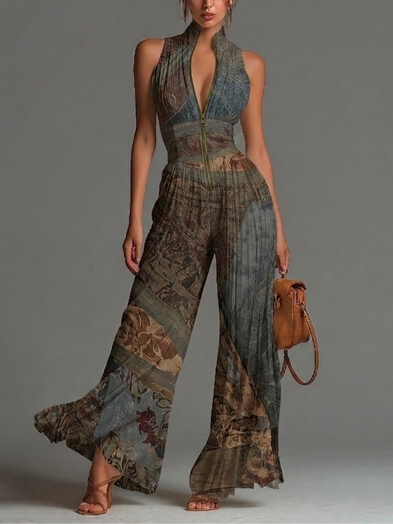Bohemian Ethnic Print Sleeveless Chiffon Jumpsuit with Zip and Pleated Wide Legs