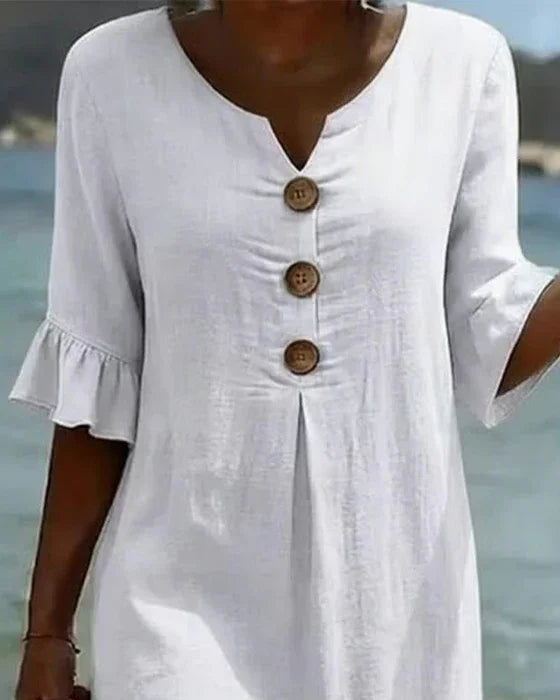 Vanesa™ | Puff Sleeve Textured Dress with Button Details