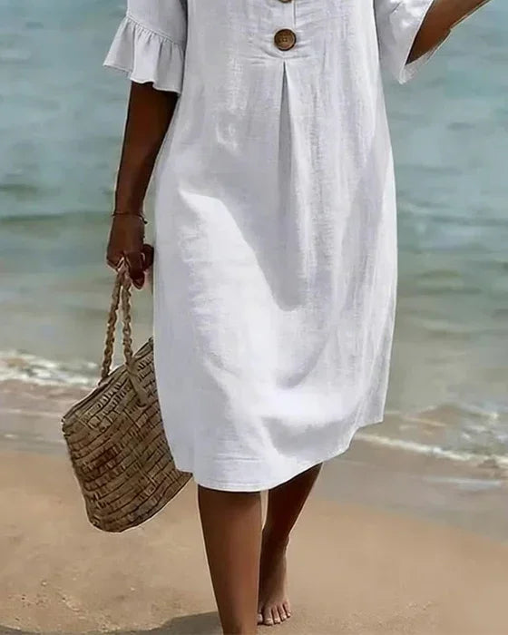 Vanesa™ | Puff Sleeve Textured Dress with Button Details