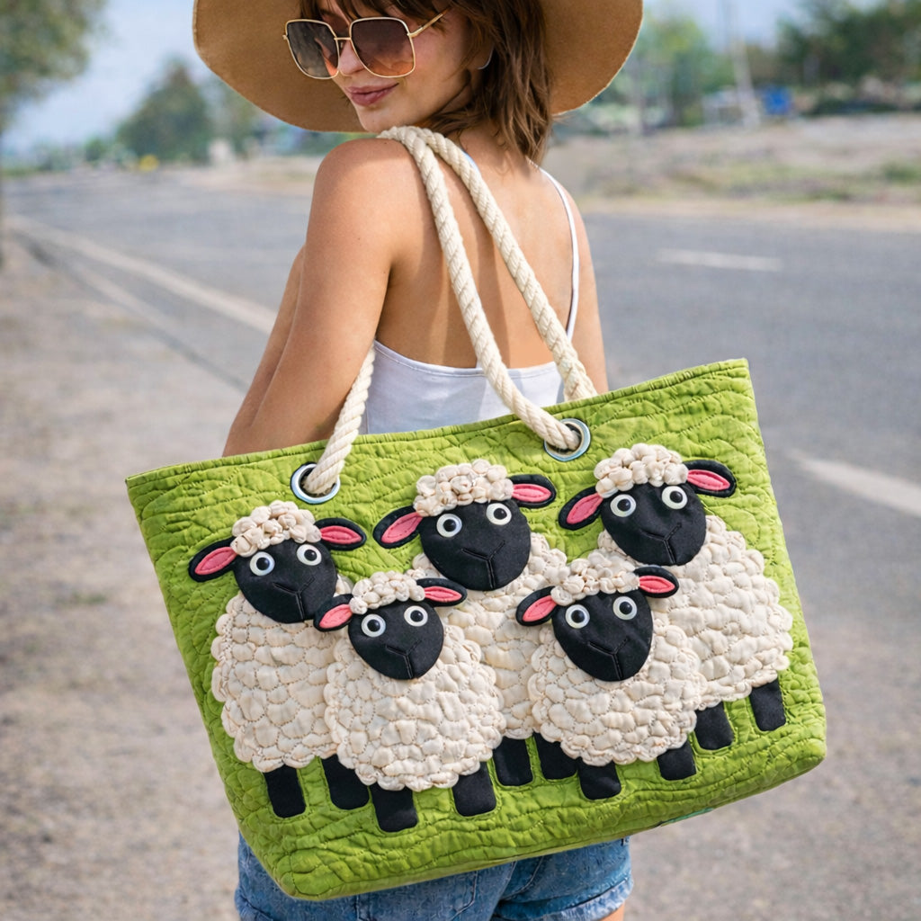 Artisan Beach Bag Featuring Whimsical Sheep in the Sky Design