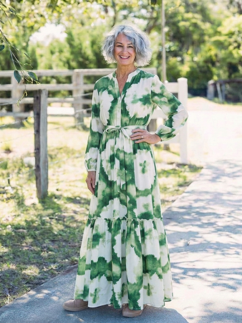 Sabine | Long Sleeve Maxi Dress with Waist Tie