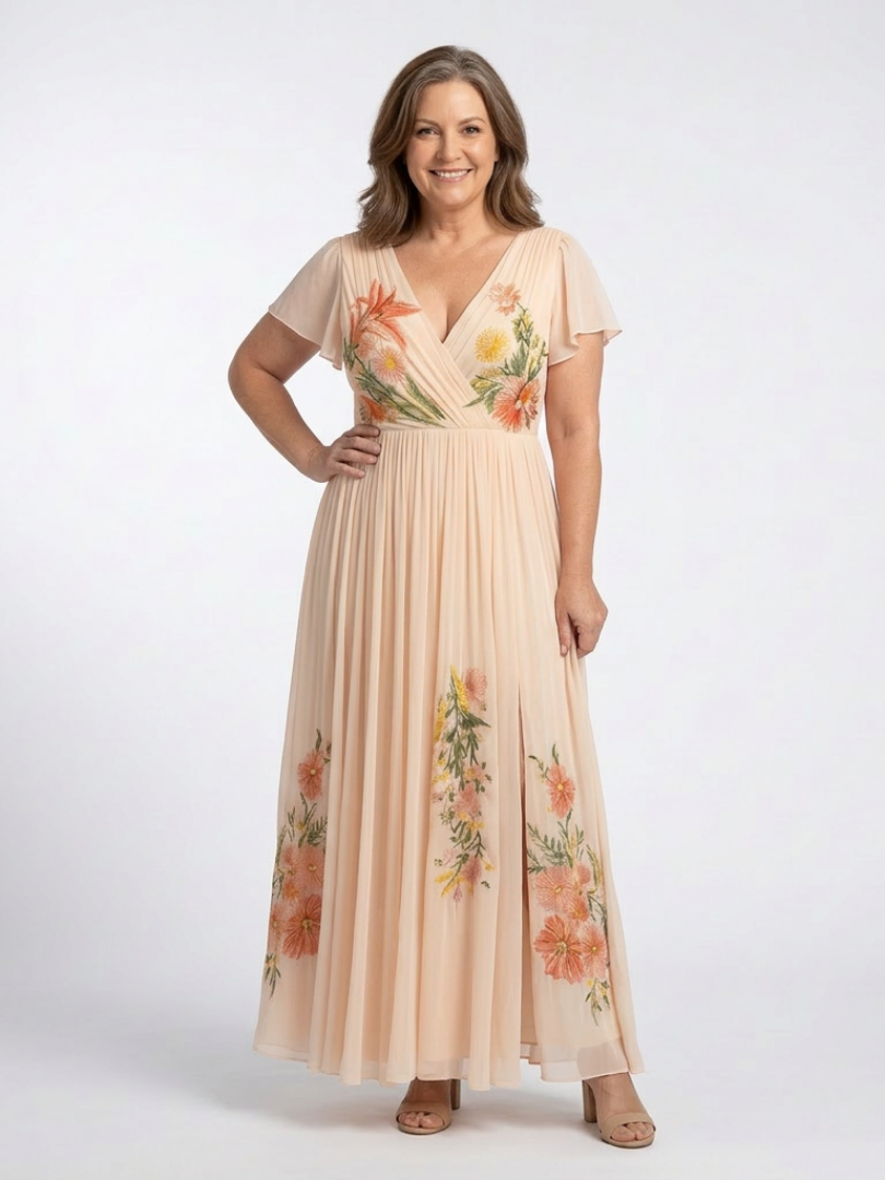 Calista | Pleated Maxi Dress with V-Neck and Short Sleeves