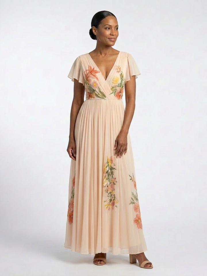 Calista | Pleated Maxi Dress with V-Neck and Short Sleeves
