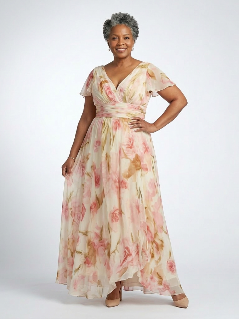 Elara | Floral V-Neck Short Sleeve Dress