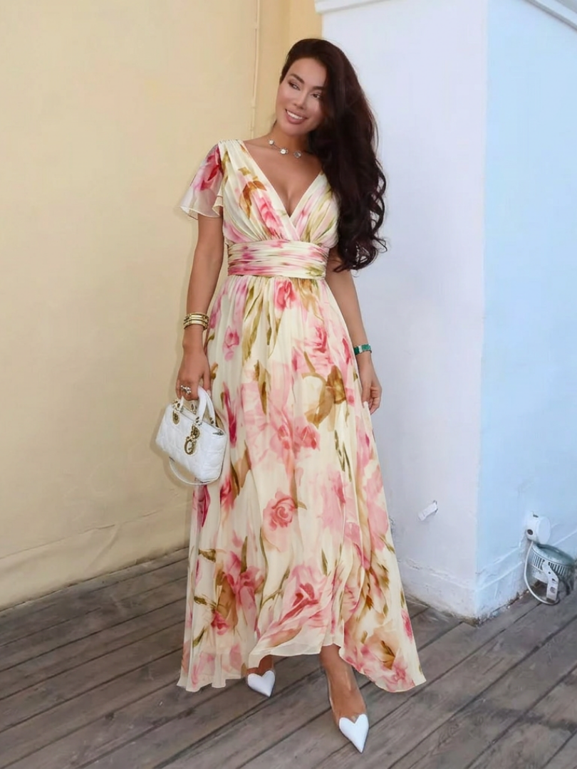 Elara | Floral V-Neck Short Sleeve Dress