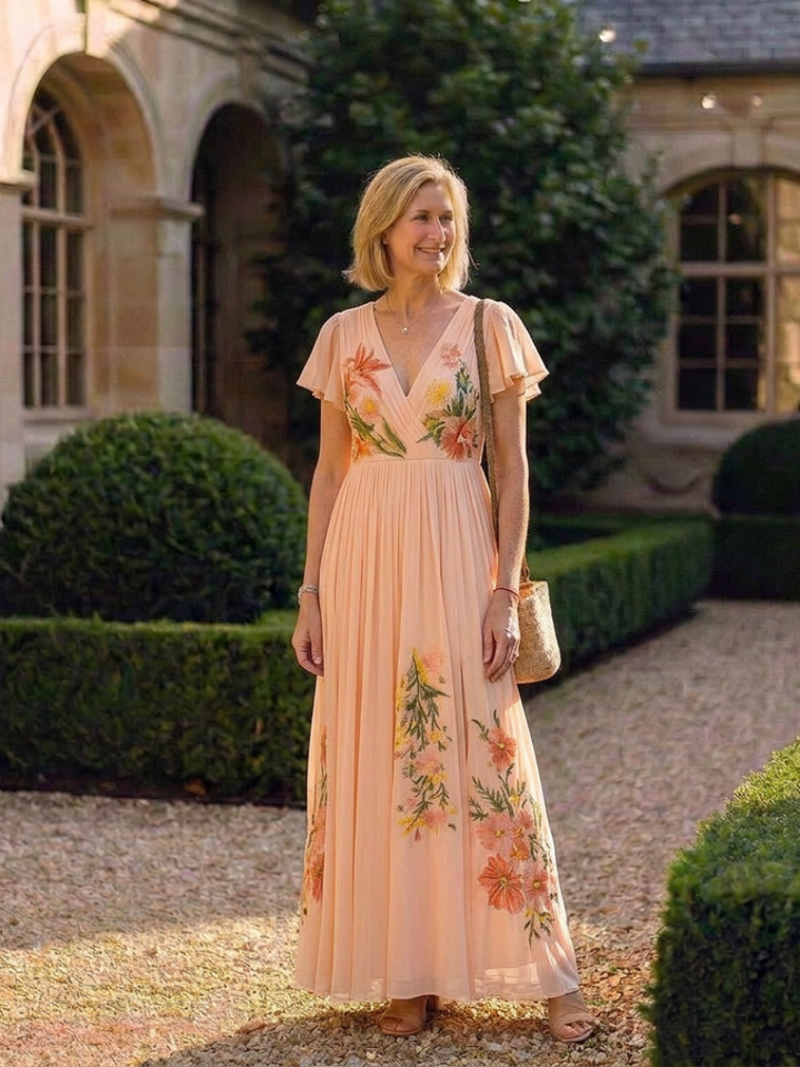 Calista | Pleated Maxi Dress with V-Neck and Short Sleeves