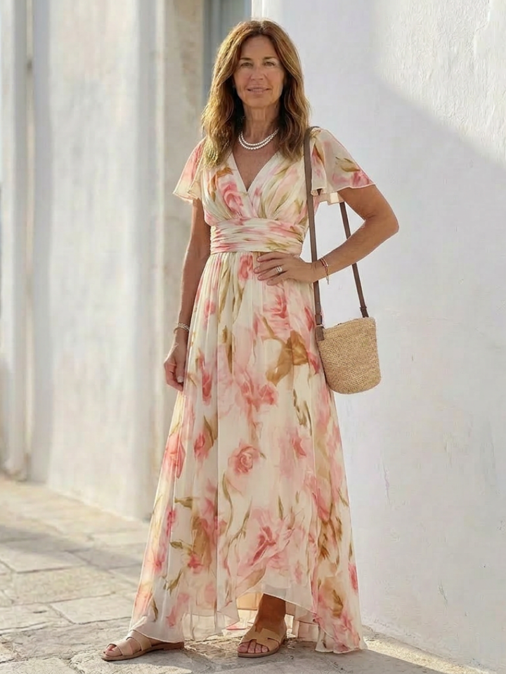 Elara | Floral V-Neck Short Sleeve Dress