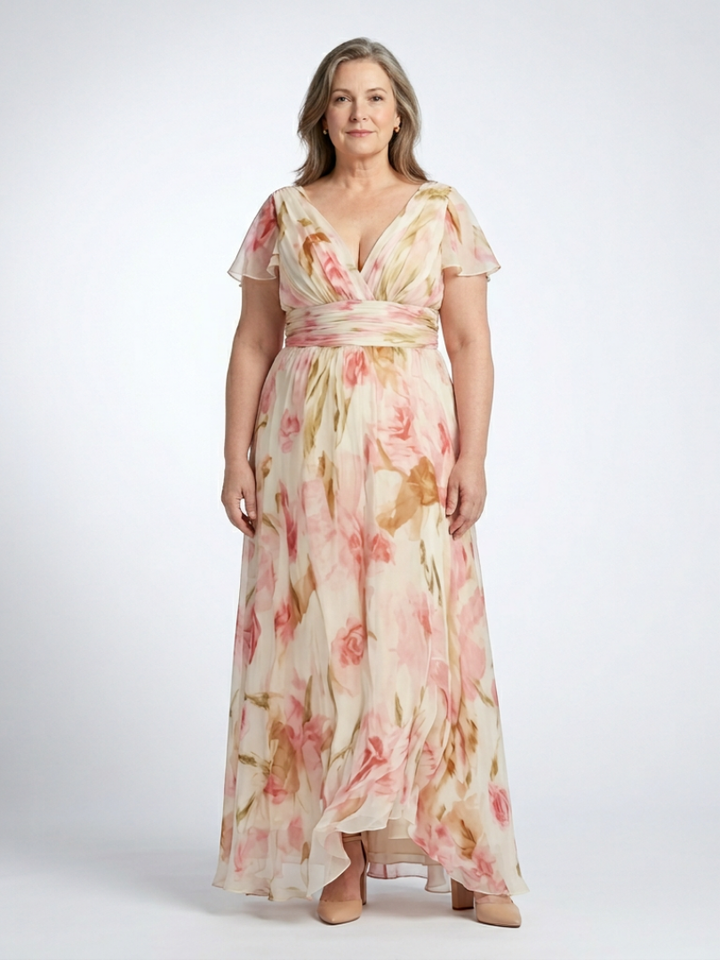 Elara | Floral V-Neck Short Sleeve Dress