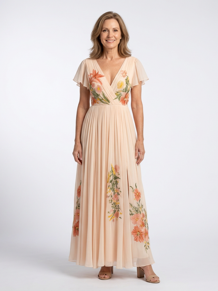 Calista | Pleated Maxi Dress with V-Neck and Short Sleeves