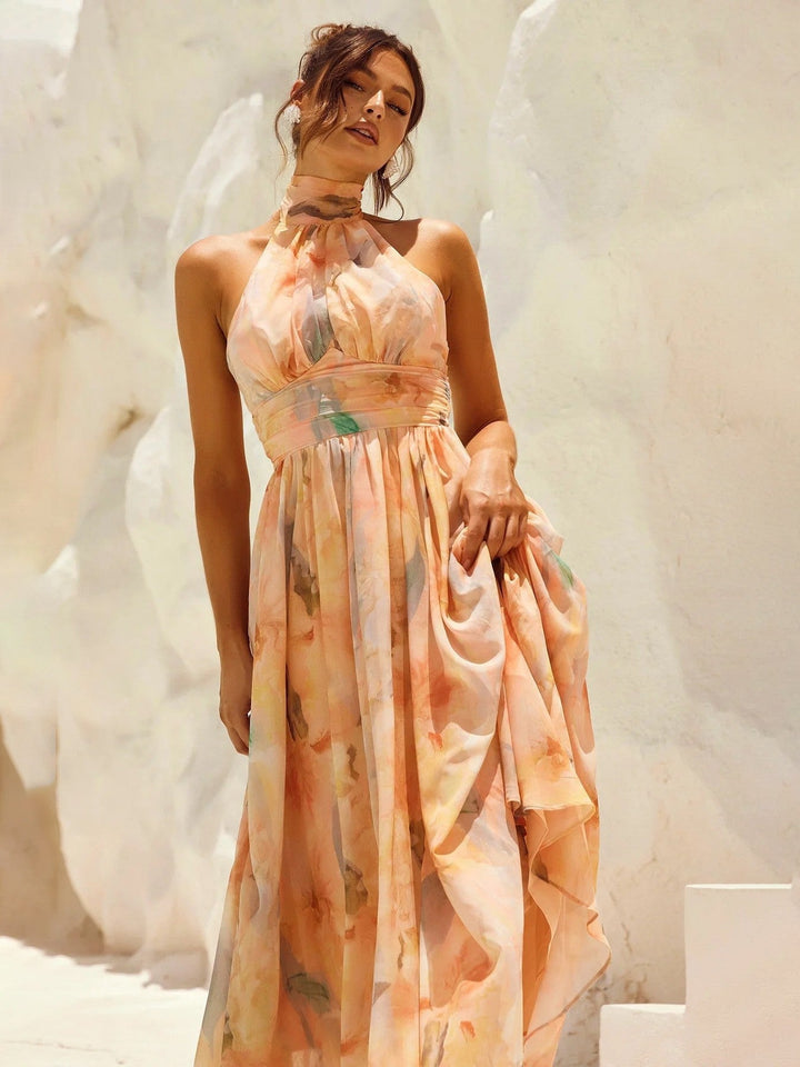 Esther | Watercolor Print Halter Neck Dress