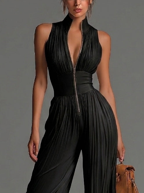Chiffon Black Sleeveless Jumpsuit with V-Neck, Zipper, Pleated Details, and Wide-Leg Design