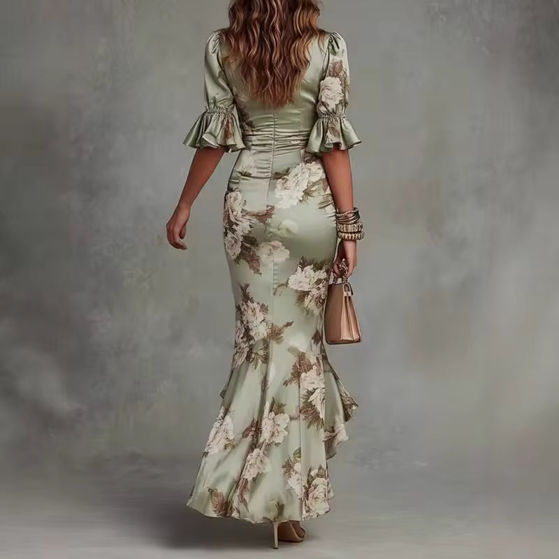 Lucía | Floral Print Asymmetrical Long Satin Dress
