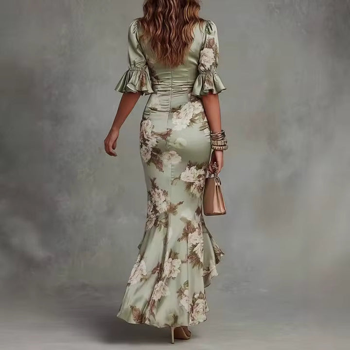 Lucía | Floral Print Asymmetrical Long Satin Dress