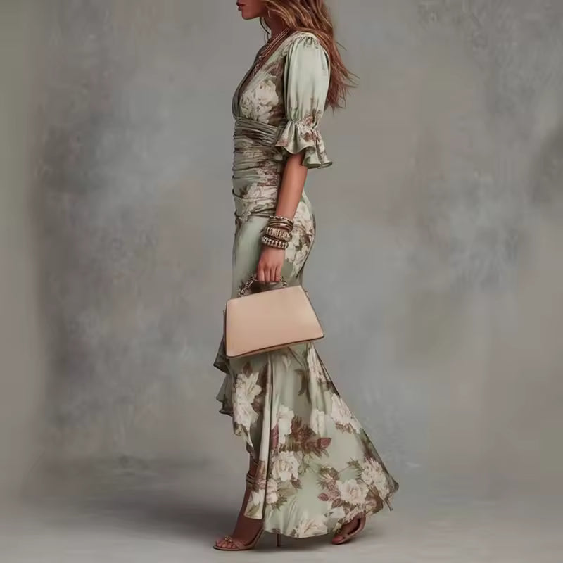 Lucía | Floral Print Asymmetrical Long Satin Dress