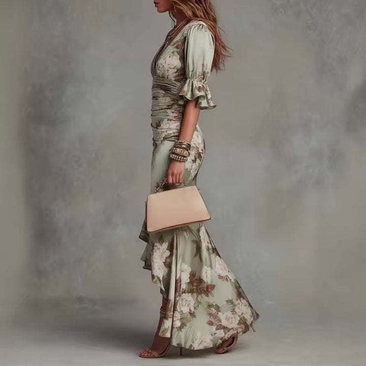 Lucía | Floral Print Asymmetrical Long Satin Dress