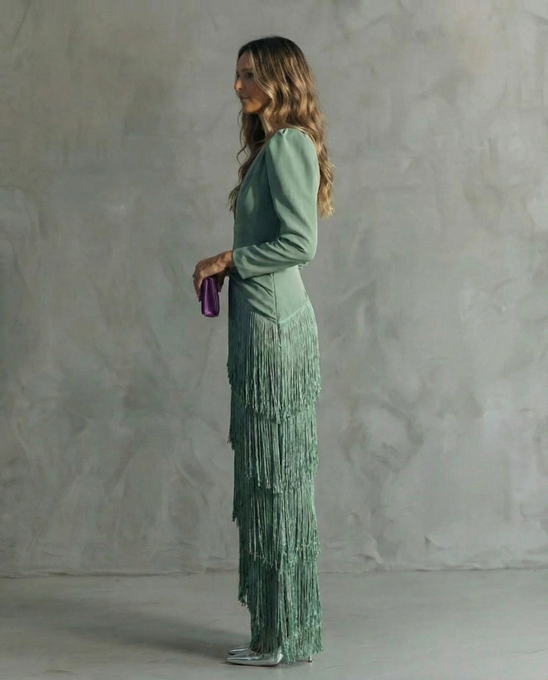 Alessia - Elegant midi dress with fringe sleeves