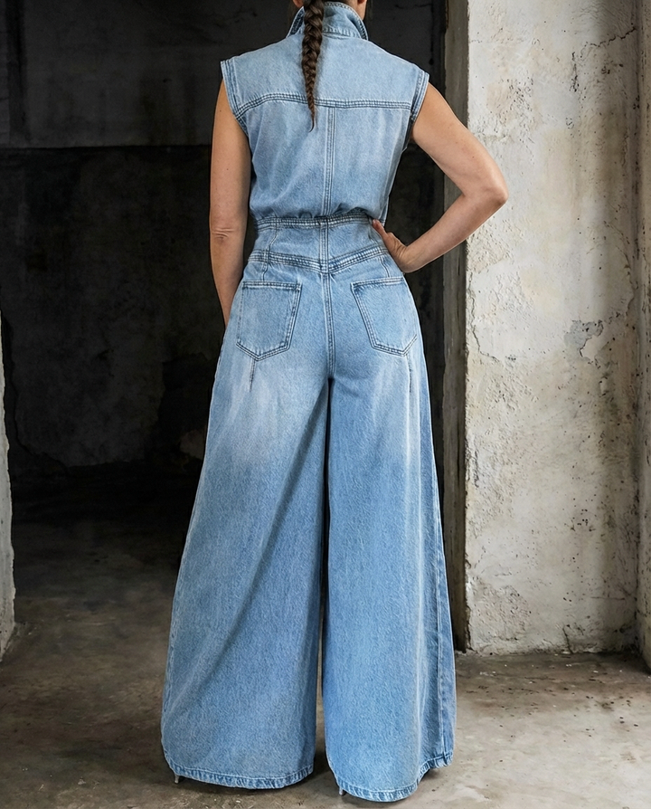 Stella | Wide Leg Denim Jumpsuit with Cinched Waist