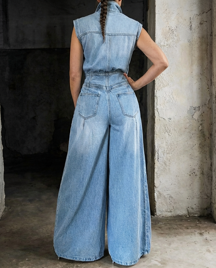 Stella | Wide Leg Denim Jumpsuit with Cinched Waist