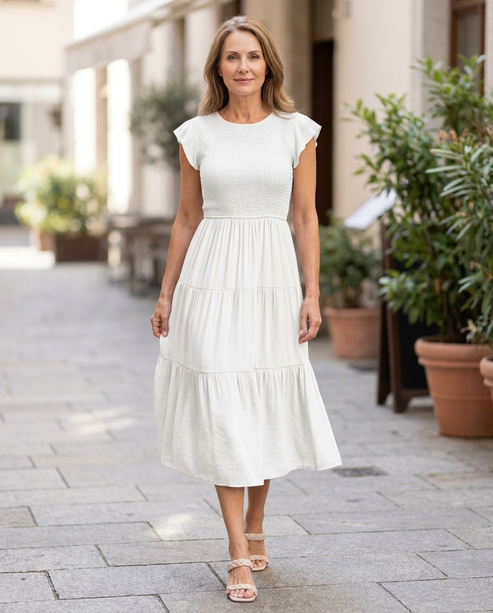 Beatrice | Round Neck Short Sleeve Gathered Skirt Midi Dress