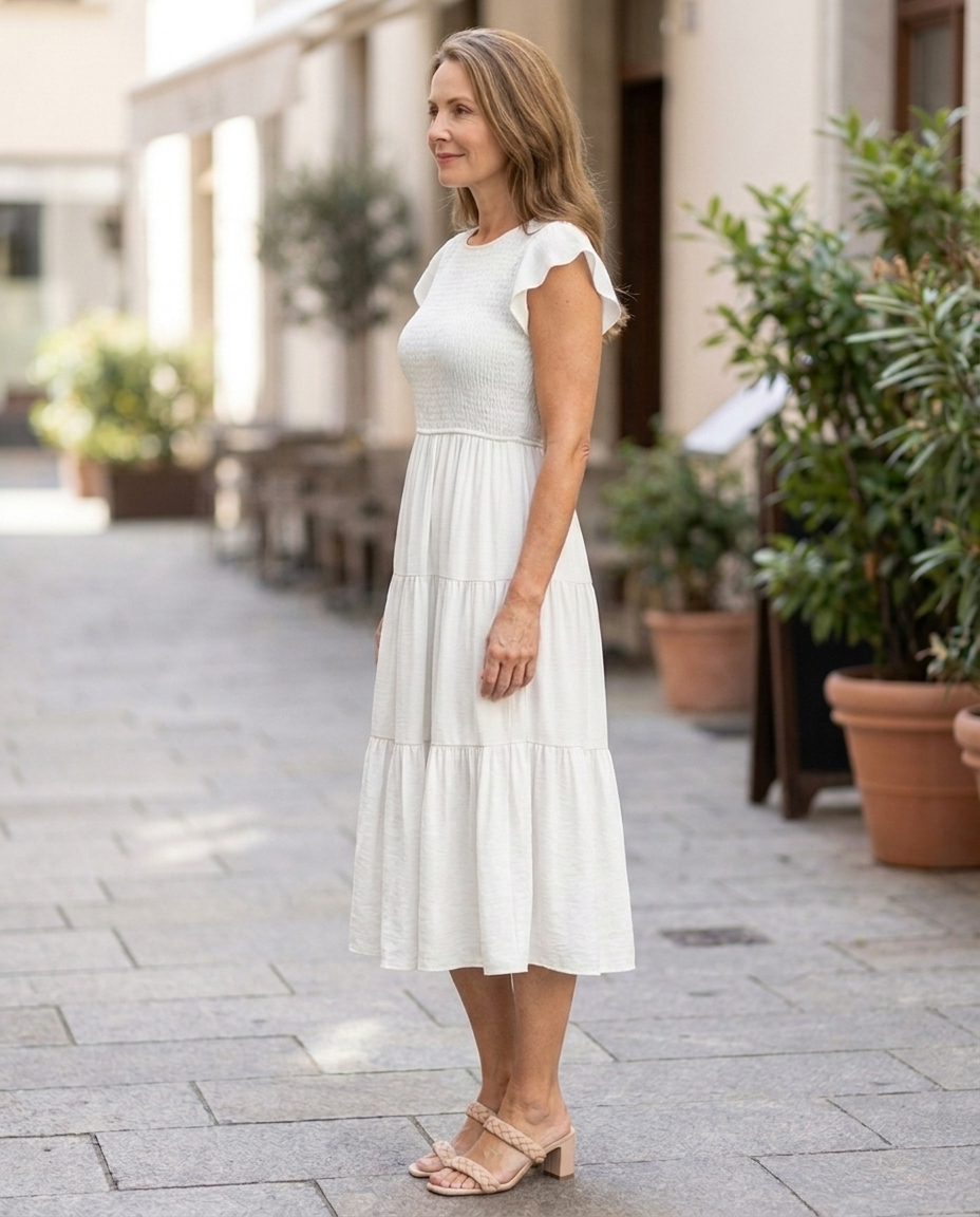 Beatrice | Round Neck Short Sleeve Gathered Skirt Midi Dress