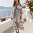 Elaris | Short Sleeve Striped Tie Neck Pocket Midi Dress