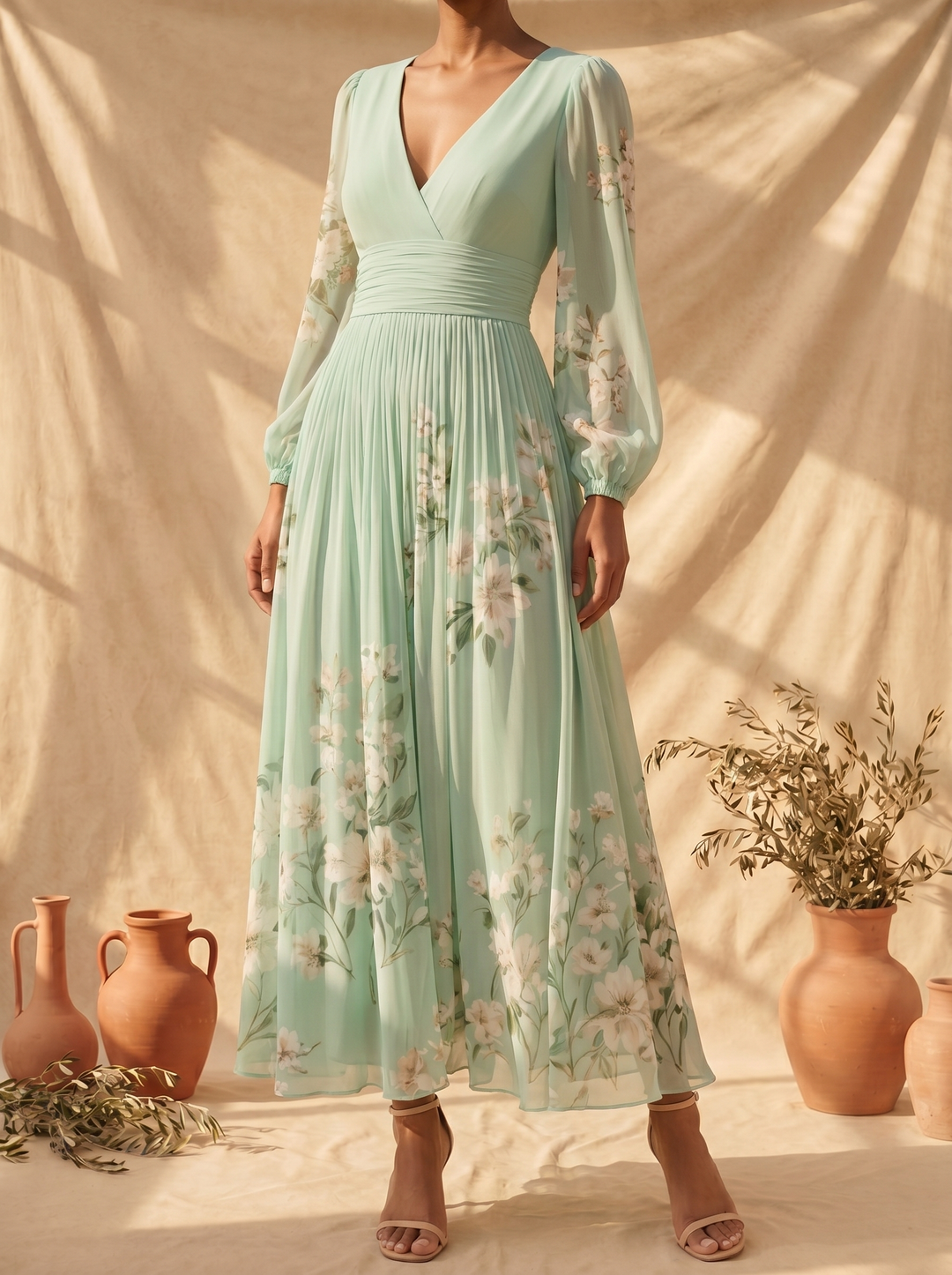 Cisella | Light Green Floral Print Midi Dress
