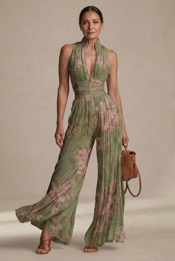 Inés | Floral Chiffon Jumpsuit with Pleated Design