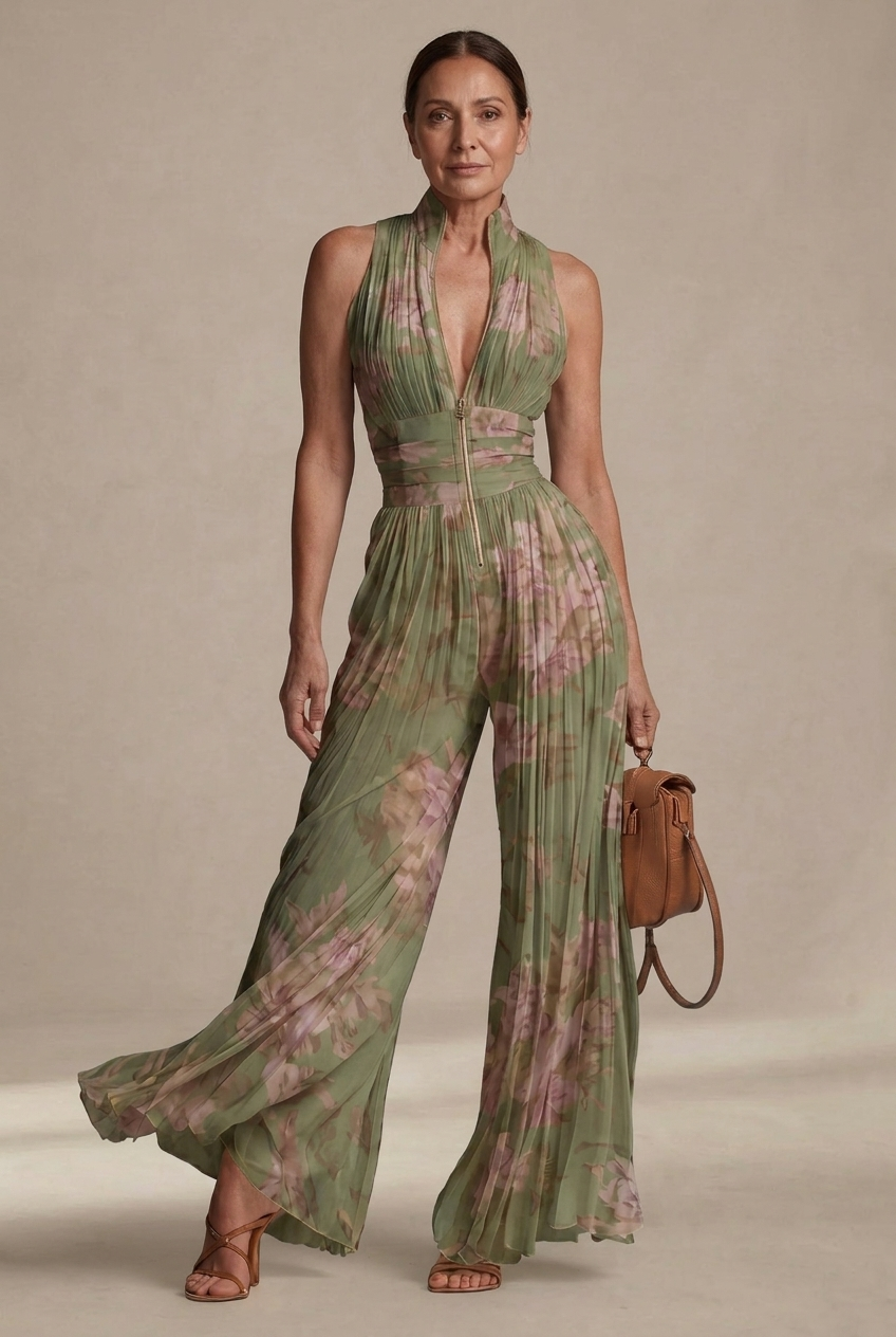 Inés | Floral Chiffon Jumpsuit with Pleated Design