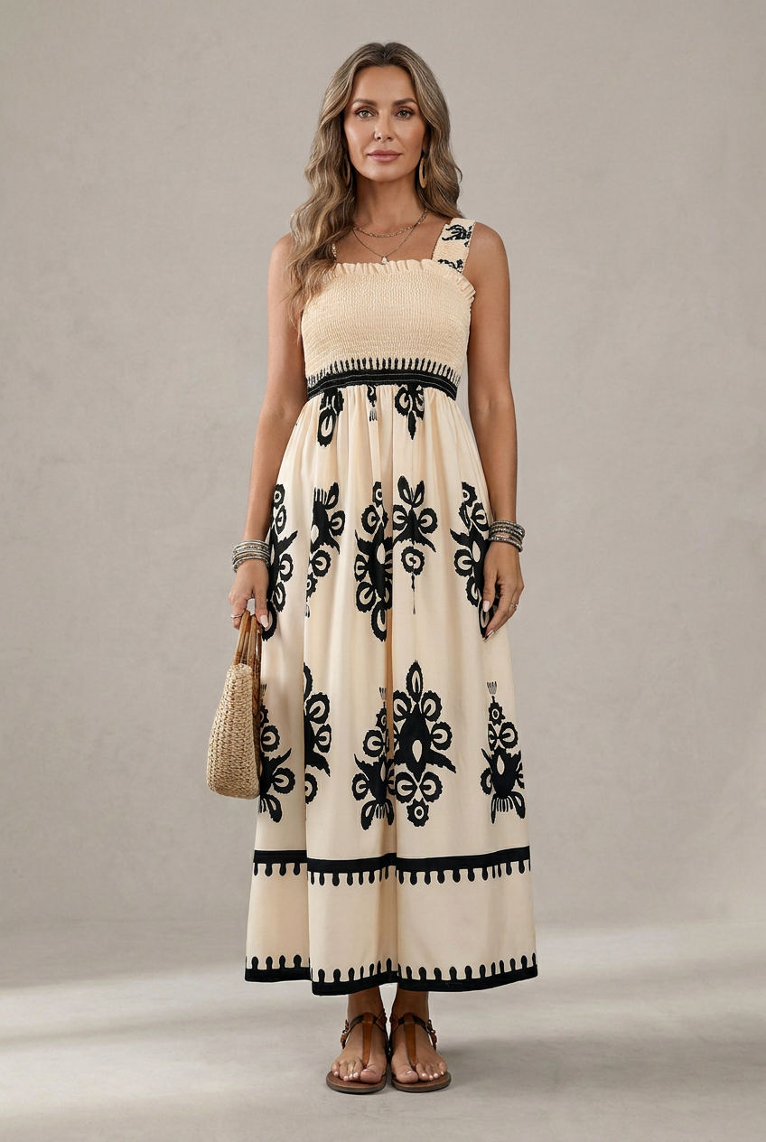 Martina | Artistic Print Maxi Dress with Elastic Waist