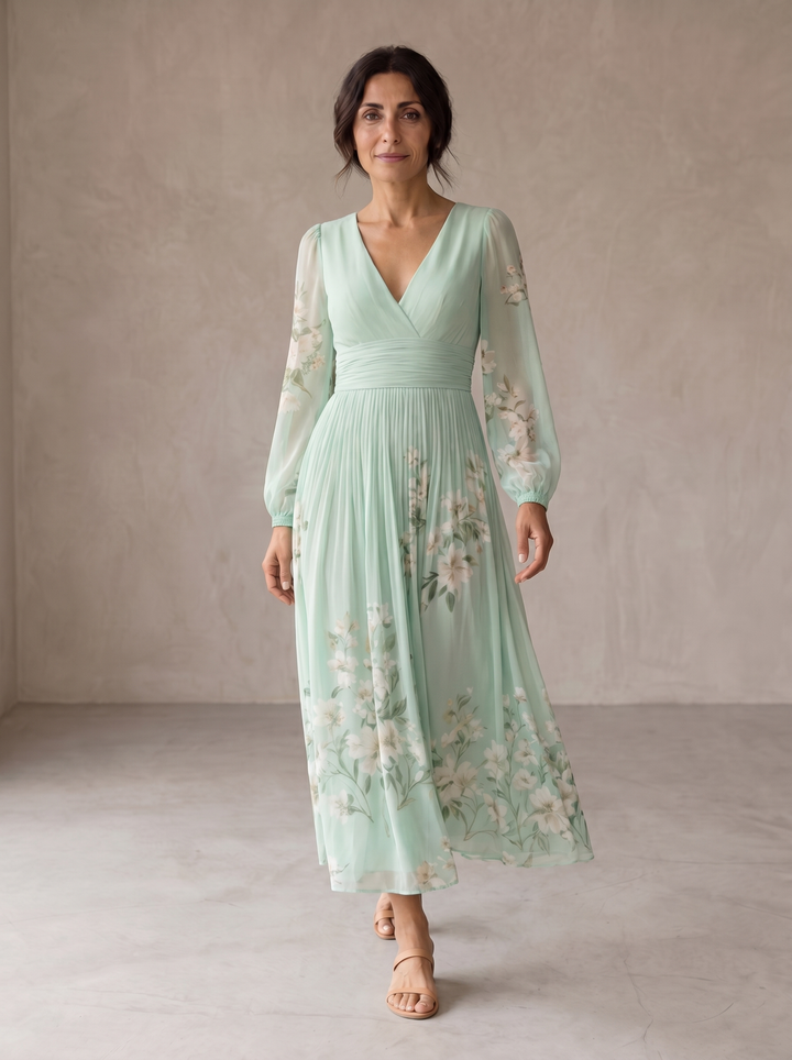 Cisella | Light Green Floral Print Midi Dress