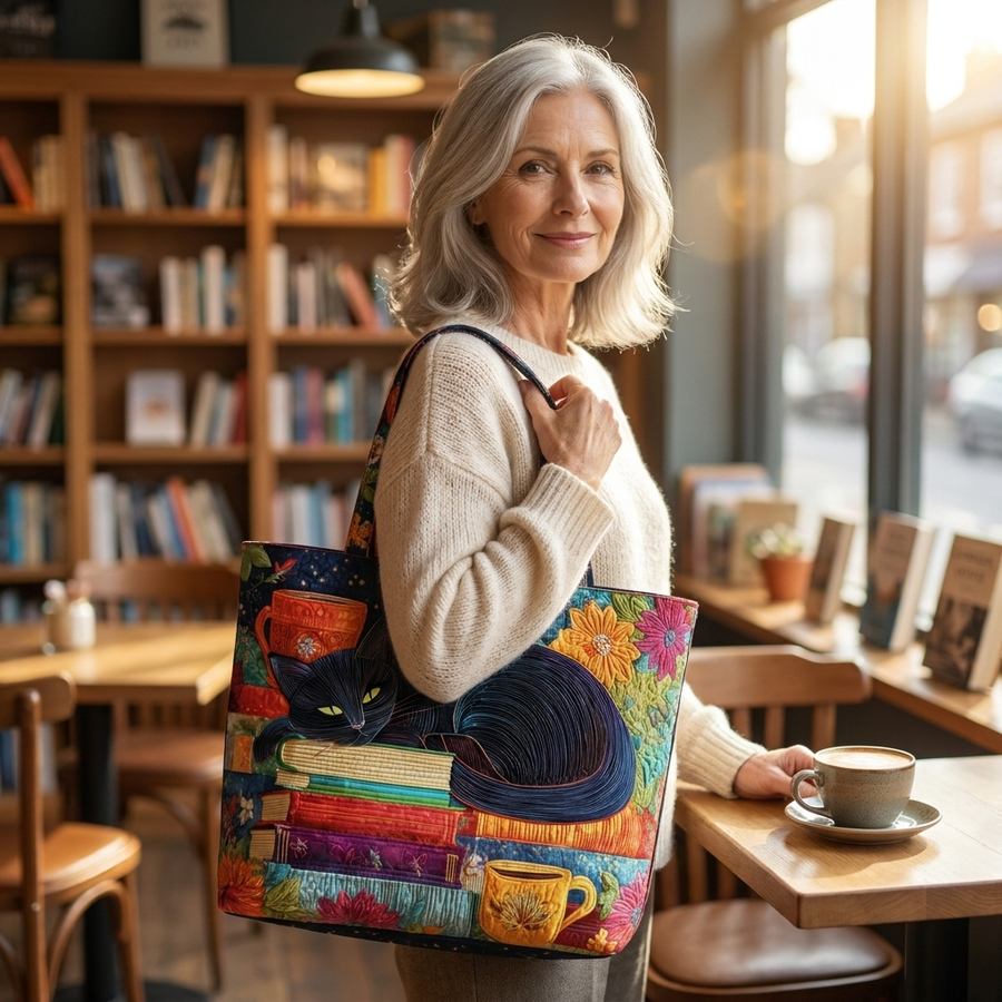 Artisan Bag | Black Cat with Books and Mugs