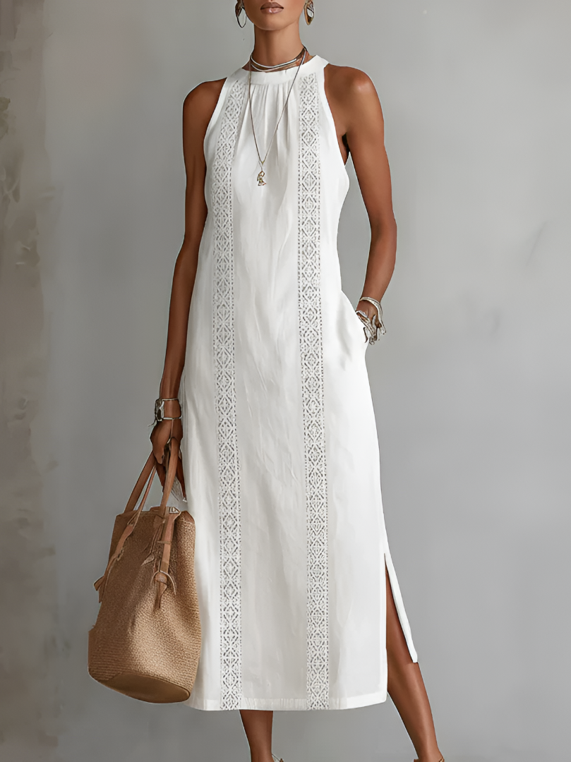 Jimena | Linen Midi Dress Featuring Mao Collar