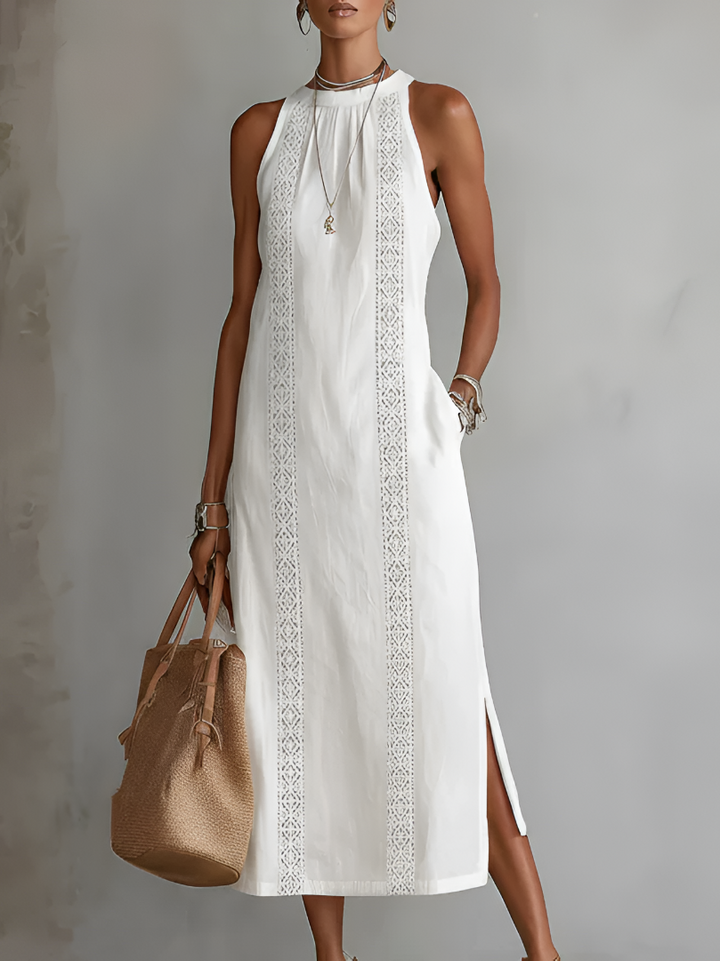Jimena | Linen Midi Dress Featuring Mao Collar