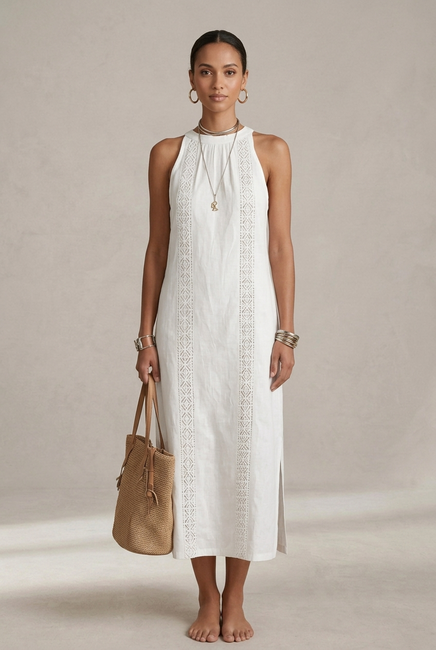 Jimena | Linen Midi Dress Featuring Mao Collar