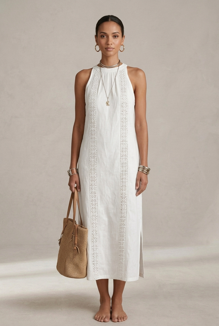 Jimena | Linen Midi Dress Featuring Mao Collar