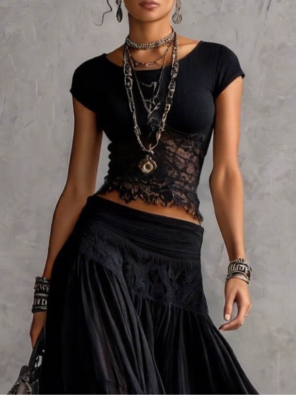 Transparent Black Lace Crop Top with Maxi Pleated Skirt