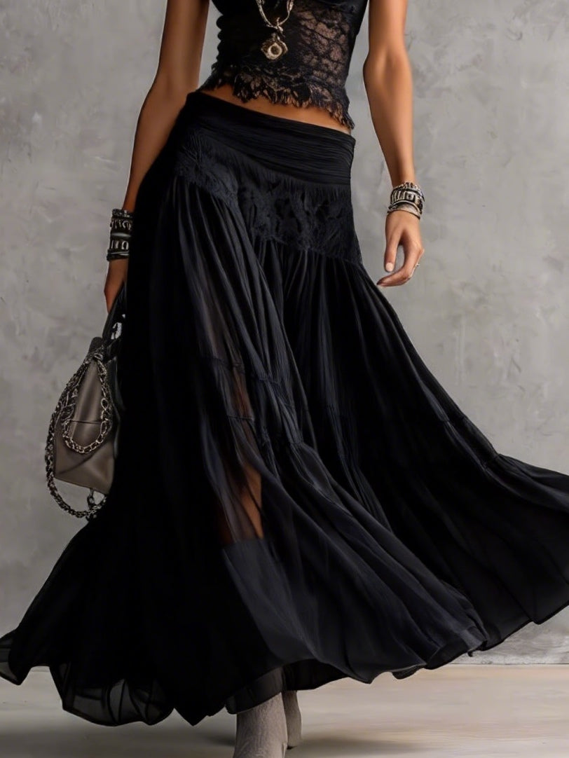 Transparent Black Lace Crop Top with Maxi Pleated Skirt