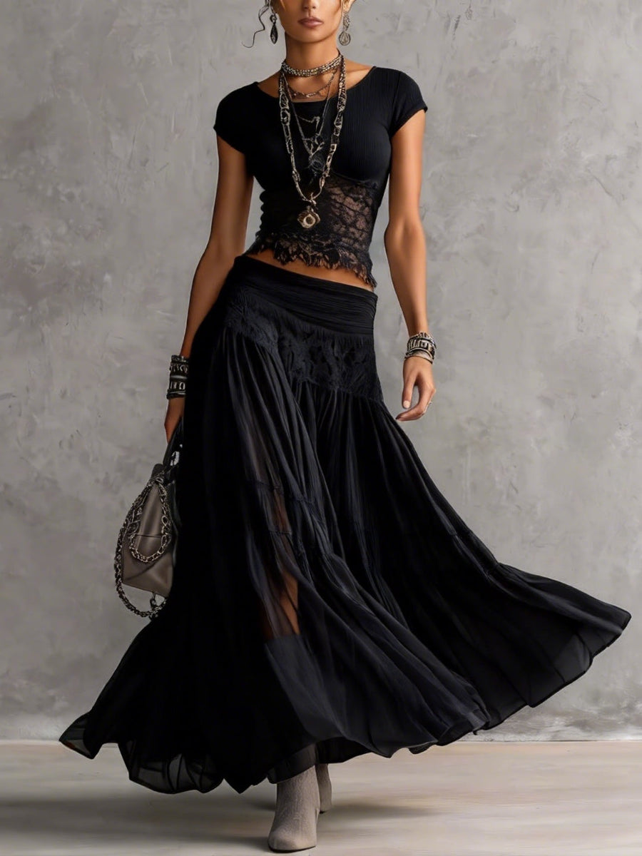 Transparent Black Lace Crop Top with Maxi Pleated Skirt