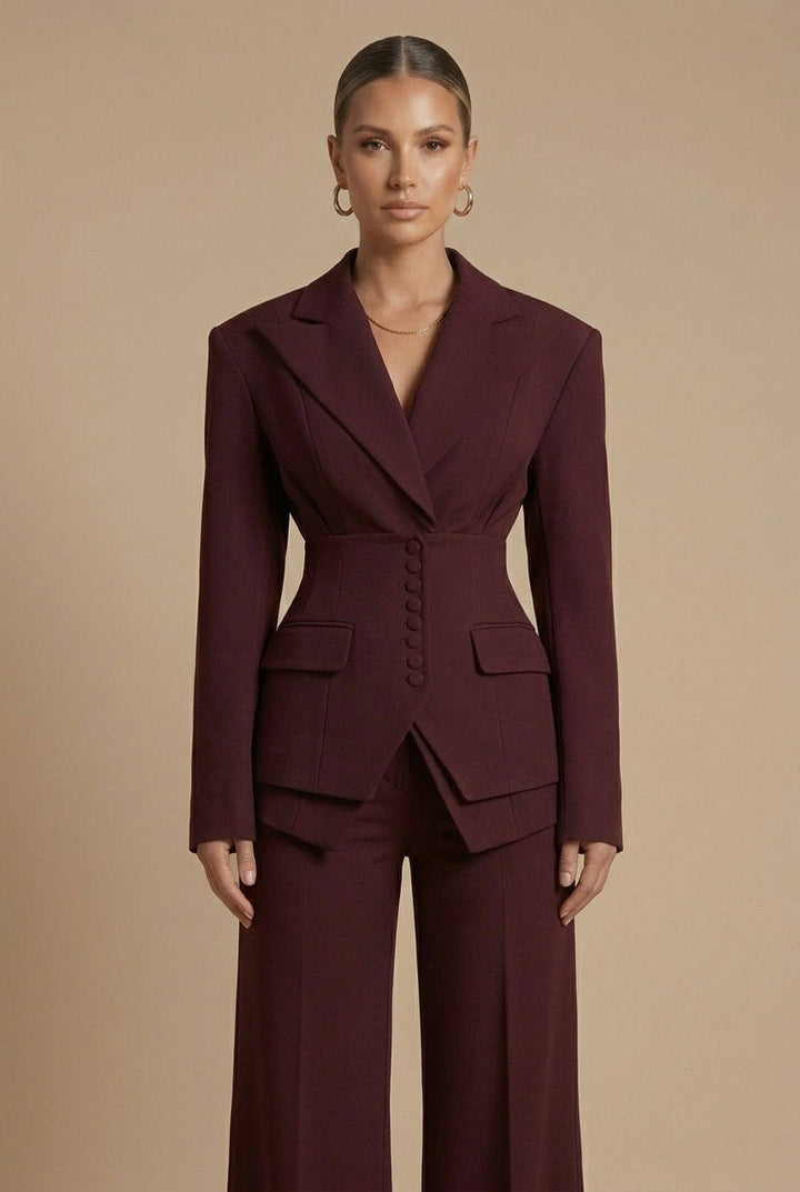 Women's Tailored Two Piece Suit - Peaked Lapel - Wide-Leg Trousers