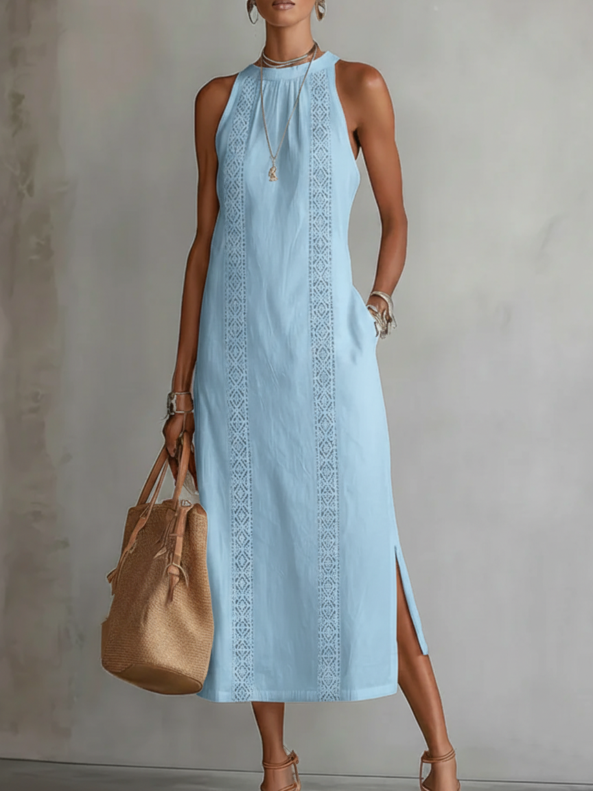 Jimena | Linen Midi Dress Featuring Mao Collar