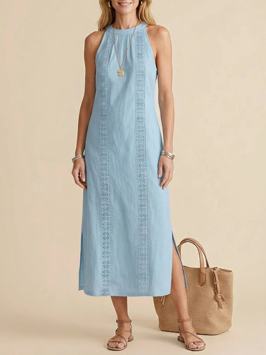 Jimena | Linen Midi Dress Featuring Mao Collar