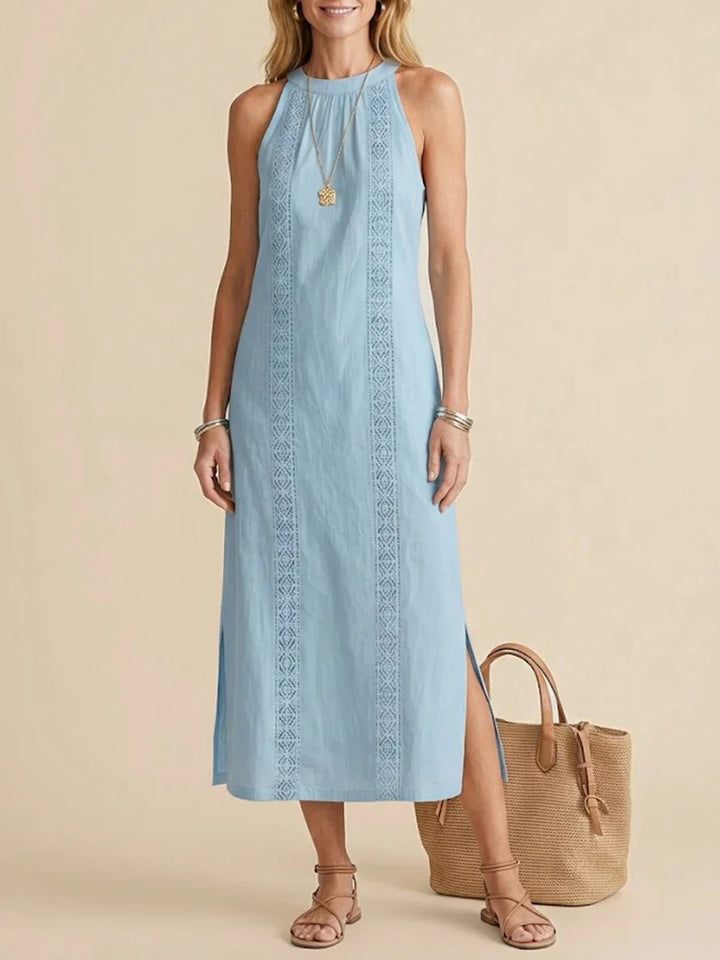 Jimena | Linen Midi Dress Featuring Mao Collar