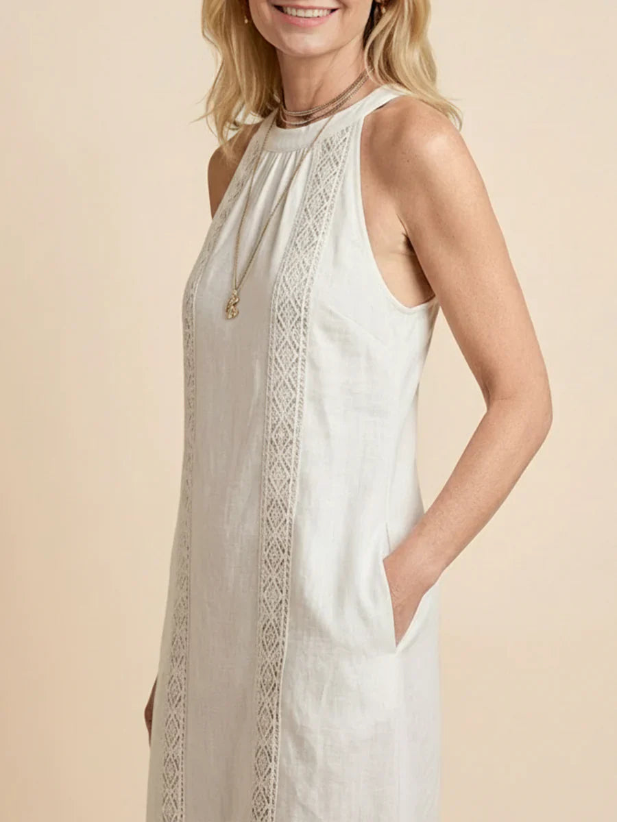 Jimena | Linen Midi Dress Featuring Mao Collar