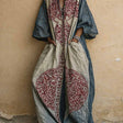 Women's Vintage Print V-neck 3/4-sleeve Cotton-linen Jumpsuit