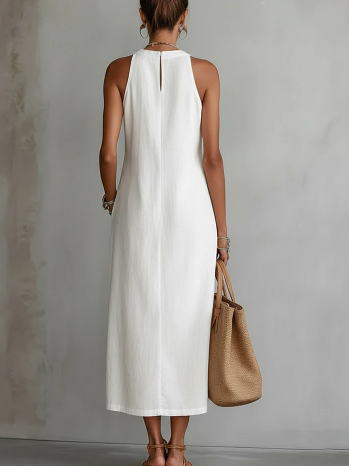 Jimena | Linen Midi Dress Featuring Mao Collar