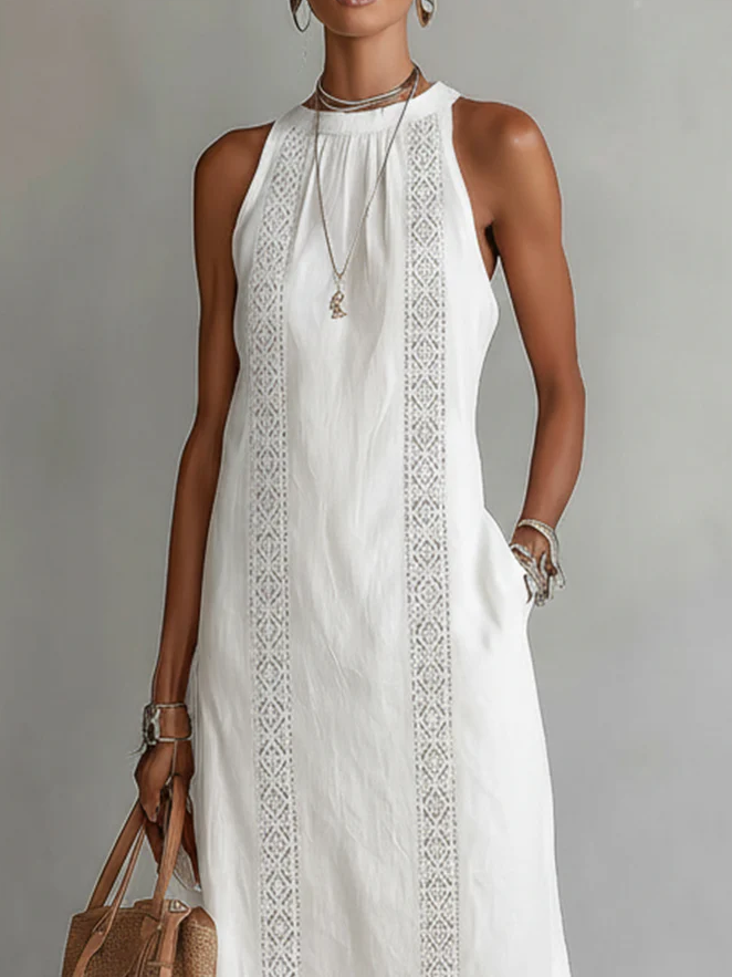 Jimena | Linen Midi Dress Featuring Mao Collar