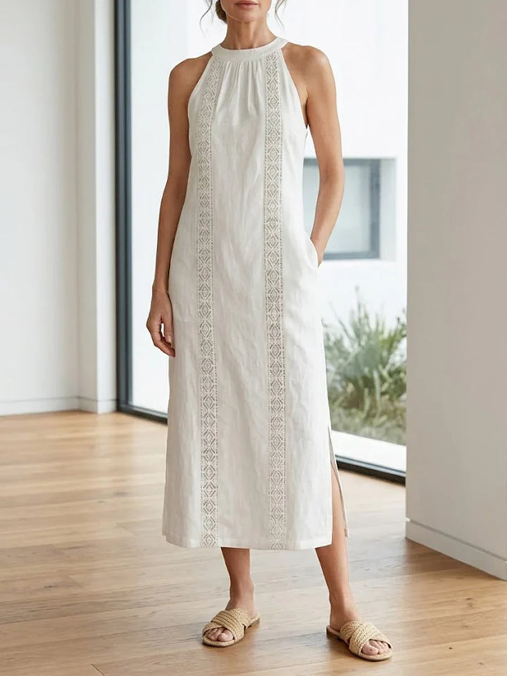 Jimena | Linen Midi Dress Featuring Mao Collar