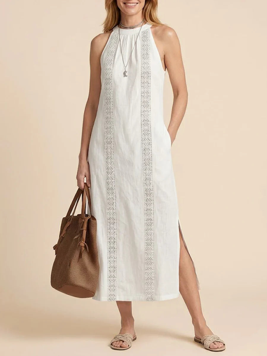 Jimena | Linen Midi Dress Featuring Mao Collar