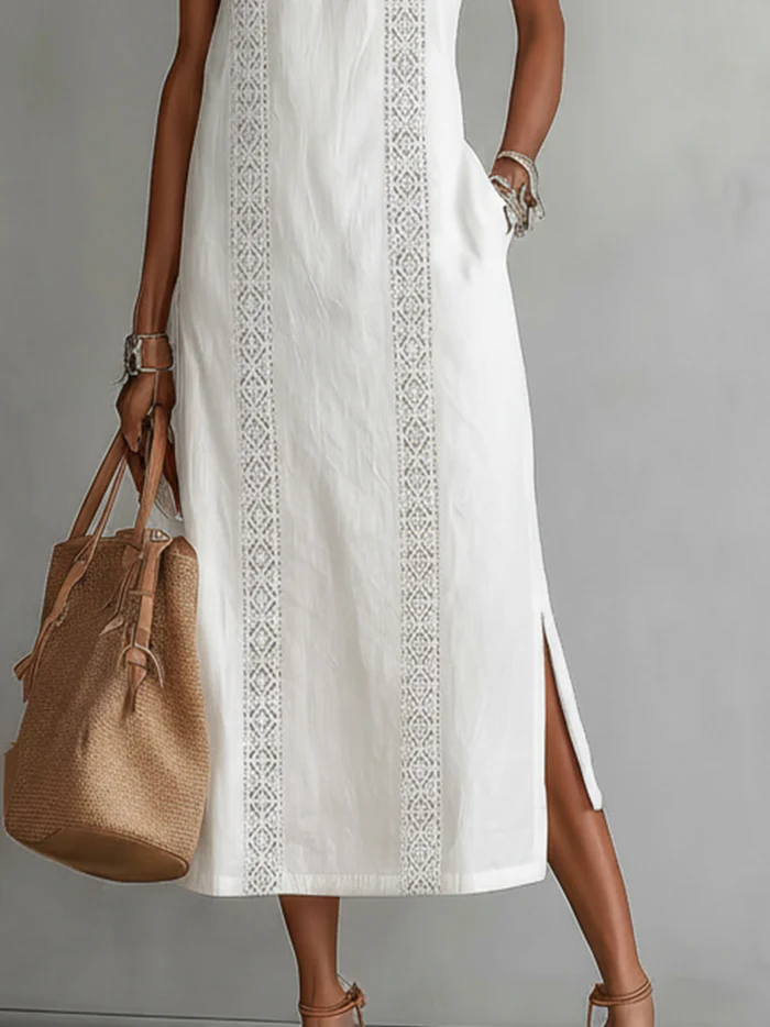 Jimena | Linen Midi Dress Featuring Mao Collar